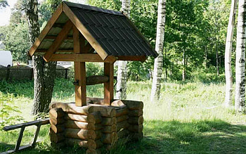 Wooden Well, wooden, fence, birches, grass, well HD wallpaper