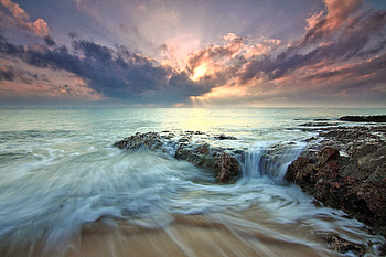 Beach Sea Dawn Dusk Landscape Ocean Rocks Sunlight, beach, sea, dawn, dusk, landscape, ocean, rocks, sunlight, nature HD wallpaper