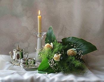 still life, burning candle, graphy, elegantly, beautiful, nice, leaves, bouquets, candle, cool, silver, flowers, candles, , harmony, drink HD wallpaper