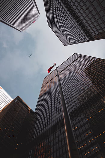 Low angle of modern skyscrapers with a Canadian flag in downtown Toronto. HD phone wallpaper
