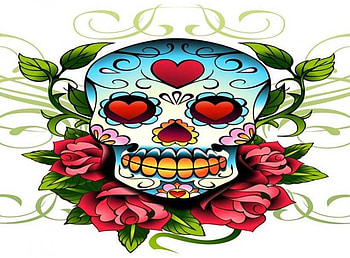 Skull and roses, hearts, skull, red roses, art HD wallpaper