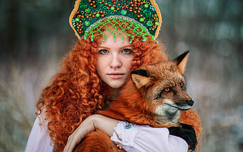Girl with Fox, girl, redhead, headdress, fox, Russia HD wallpaper