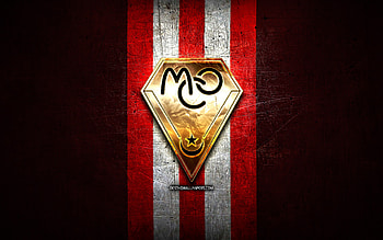 MC Oran, golden logo, Algerian Ligue Professionnelle 1, red metal background, football, Algerian football club, MC Oran logo, soccer, Mouloudia Club Oranais HD wallpaper