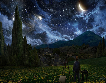 fantasy art, buildings, moon, candel, person, clouds, trees, stars, mountains HD wallpaper