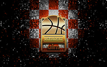 Ratiopharm Ulm, glitter logo, BBL, orange white checkered background, basketball, german basketball club, Ratiopharm Ulm logo, mosaic art, Basketball Bundesliga HD wallpaper