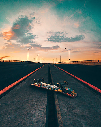 Skateboard, road, marks, sunset HD phone wallpaper