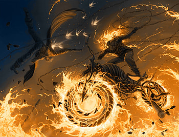 Dante VS Ghost Rider, games, fighting, flames, dante, vide games, motorcycle, dmc, fight, johnny blaze, marvel vs capcom, ghost rider, devil may cry, capcom, trench coat, marvel, guns, debris, weapons, action, battle, cool, fire, chains, boots, spikes, motorbike HD wallpaper