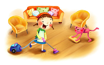 Miscellanea, Miscellaneous, Dog, , Drawing, Girl, Room, Furniture, Child, Cleaning, Vacuum Cleaner HD wallpaper