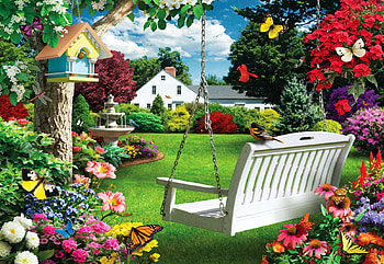Blooming Backyard, artwork, butterflies, blossoms, house, garden, colors, trees, flowers, digital HD wallpaper