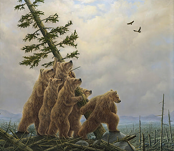 Blowdown, animal, painting, bear, art, robert bissell, pictura, cloud, tree, urs HD wallpaper