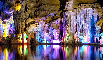 Reed Flute Cave, Guilin, China, colorful, reflection, cave, nature, china, water HD wallpaper