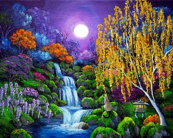 Japanese Garden, garden, Japanese, colors, paintings, waterfalls, cat, spring, summer, love four seasons, trees, nature, flowers, moons HD wallpaper