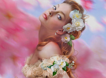 Lady of the camellias, paint, beautiful, camellias, woman HD wallpaper
