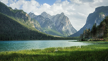 Late Spring Afternoon At The Lago di Dobbiaco, South Tyrol, dolomites, landscape, clouds, trees, sky, italy, mountains, alps HD wallpaper