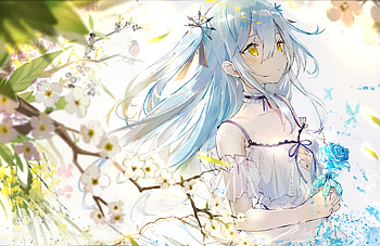 Blue hair and yellow eyes, yellow, Blue, and, anime, eyes, girl, hair HD wallpaper