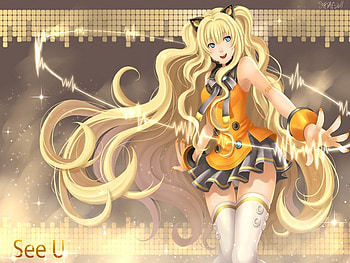 SeeU, cat ears, song, short shorts, vocaloid, long hair, music, blonde hair, female, bow, sexy, thighhigh, text, blue eyes, hot, cat girl, anime girl, sing, cool, head HD wallpaper