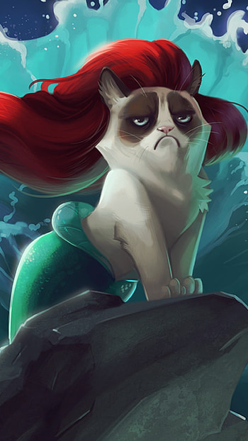Preview cat, mermaid, cartoon, grumpy cat HD phone wallpaper