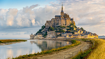Mont Saint Michel, Sea and sky, Cloudy backdrop, Scenic road HD wallpaper