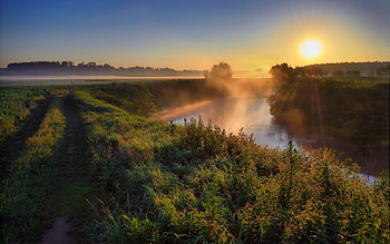 Nature, Rivers, Grass, Sun, Dawn, Road, Fog, Morning, Haze, Country, Countryside HD wallpaper