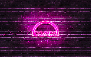 MAN purple logo, , purple brickwall, MAN logo, brands, MAN neon logo, MAN HD wallpaper