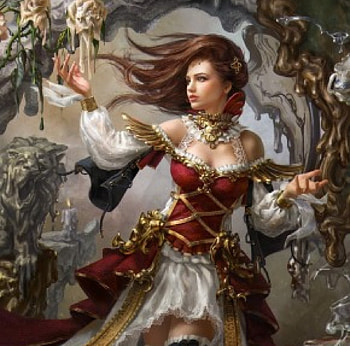 Mobius Final Fantasy, necklace, long hair, dress, beauty, lady, abstract, fantasy woman, female, golden, white, art, beautiful, woman, fantasy, pretty, red, brown hair HD wallpaper