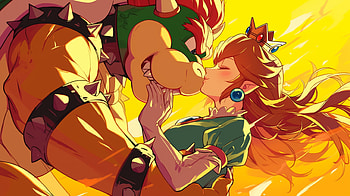 Bowser and Princess Peach, Bowser, Princess Peach, kiss, video game, Artwork HD wallpaper
