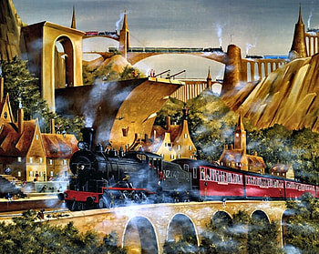 Steam Locomotive , art, surrealist, train, beautiful, surreal, artwork, wide screen, surrealism, painting, abstract, bridges, locomotive HD wallpaper