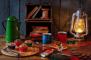Still life, Mug, Kerosene lamp, Book, Pan cake HD wallpaper