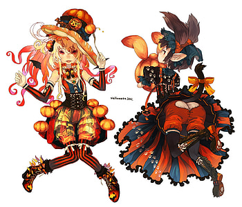 Happy Halloween, narumi arata, cute, kawai, tail, halloween, anime, animal ears, witches, original, brown hair, girls, blonde hair, hat HD wallpaper