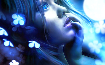 Blue Moon, blue, mood, moon, magical, flowers, woman HD wallpaper