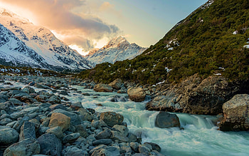 Mount Cook on a cloudy afternoon, New Zealand, rocks, stones, stream, valley, sky HD wallpaper
