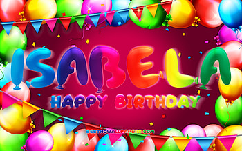 Happy Birtay Isabela, , colorful balloon frame, Isabela name, purple background, Isabela Happy Birtay, Isabela Birtay, popular american female names, Birtay concept, Isabela HD wallpaper