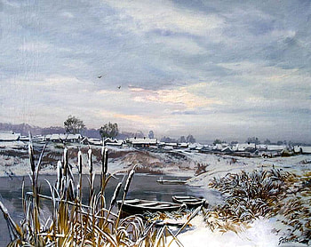 E.Panov. Partly Cloudy, winter, river, boat, painting, art, e panov, village HD wallpaper