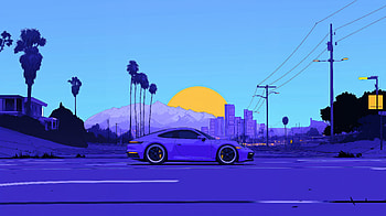 Purple Porsche Car On Gta Street, porsche, car, sunset, sun, road, mountains, artist, artwork, art, digital-art, ai HD wallpaper