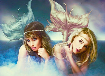 The Magic Sea , blue, sea, two, Mermaids, pretty, Digital, lovely, ocean HD wallpaper