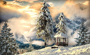 Gazebo in the mountains, gazebo, sky, mountain, snow HD wallpaper