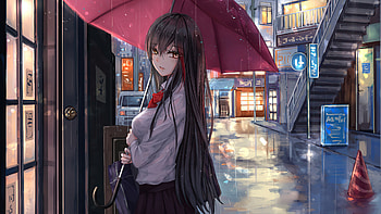 Anime Girl Rain Umbrella Looking At Viewer, anime-girl, anime, artist, artwork, digital-art, artstation HD wallpaper