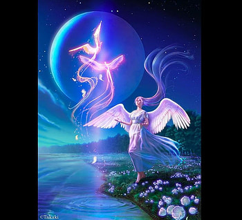 Angel of Kagaya, night, animal, phoenix, angel, celestial, moon, wing, , dom, wings, magic, bird, flying, yutaka kagaya, anime, fantasy, fly, sky, fary tales HD wallpaper
