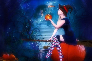 ~Happy Halloween~, blue, weird things people wear, digital art, woman, creative pre-made, witch, pumpkins, love four seasons, halloween, holiday, fantasy, manipulation HD wallpaper