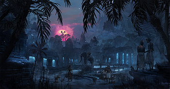 Sunset, blue, night, palm tree, pink, fantasy, elephant, jakob skop, cambodgia, jungle, luminos, silhouette HD wallpaper