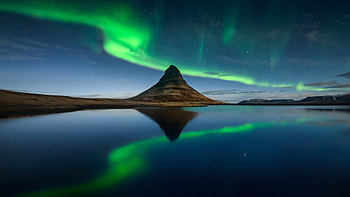 Aurora Borealis Iceland Kirkjufell Starry Sky Reflection On Water Nature HD wallpaper