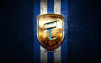 FC Edmonton, golden logo, Canadian Premier League, blue metal background, football, canadian football club, FC Edmonton logo, soccer, Edmonton FC HD wallpaper