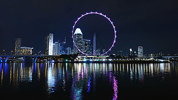Ferris Wheel Night, amusement parks, architecture, reflection, ferris wheel, cityscape HD wallpaper