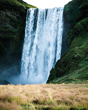 Nature, Grass, Waterfall, Spray HD phone wallpaper