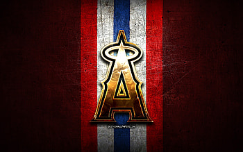 Los Angeles Angels emblem, MLB, golden emblem, red metal background, american baseball team, Major League Baseball, LA Angels, baseball, Los Angeles Angels HD wallpaper