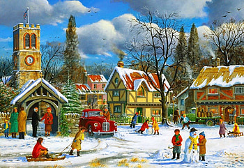 Winter Village, artwork, snow, car, clouds, street, sky, houses, people, painting HD wallpaper