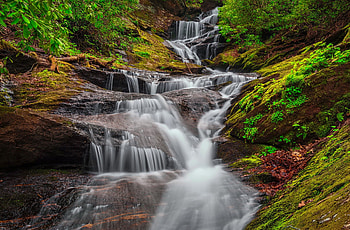 Cascading forest waterfall, summer, moss, waterfall, cascades, beautiful, rocks, forest HD wallpaper