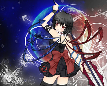 Devil/Angel Wings, wings, sword, devil, cute, angel, dress, anime, moon, blackhair, red HD wallpaper