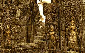 the golden apsaras in a hindu temple r, golden, temple, r, statues, stones HD wallpaper