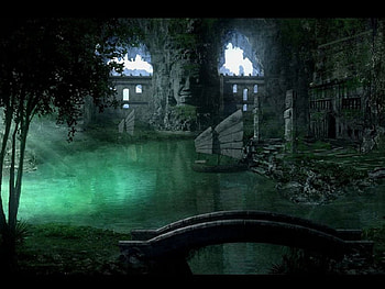 Sacred Lagoon, boat, sunlight, fantasy, green, ruins, bridge, trees, carving HD wallpaper